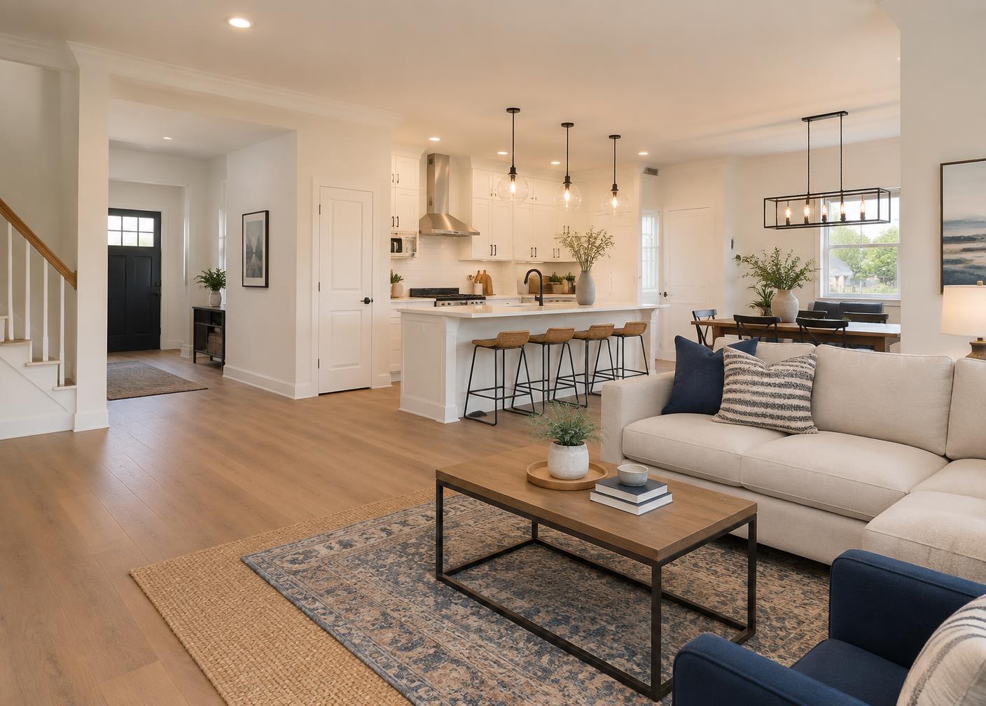 Freshly updated home interior with clean kitchen, flooring, and painted walls