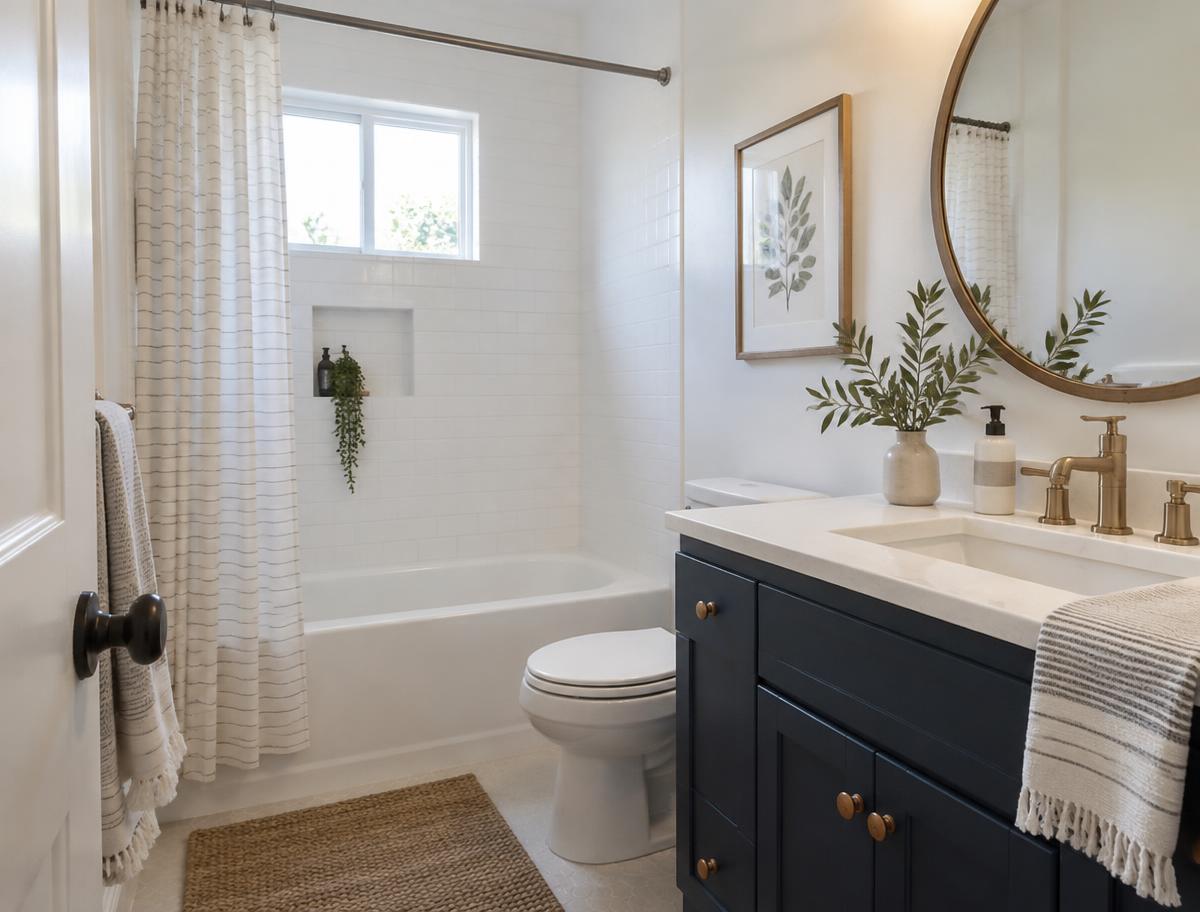 Bright bathroom with white bathtub and vanity