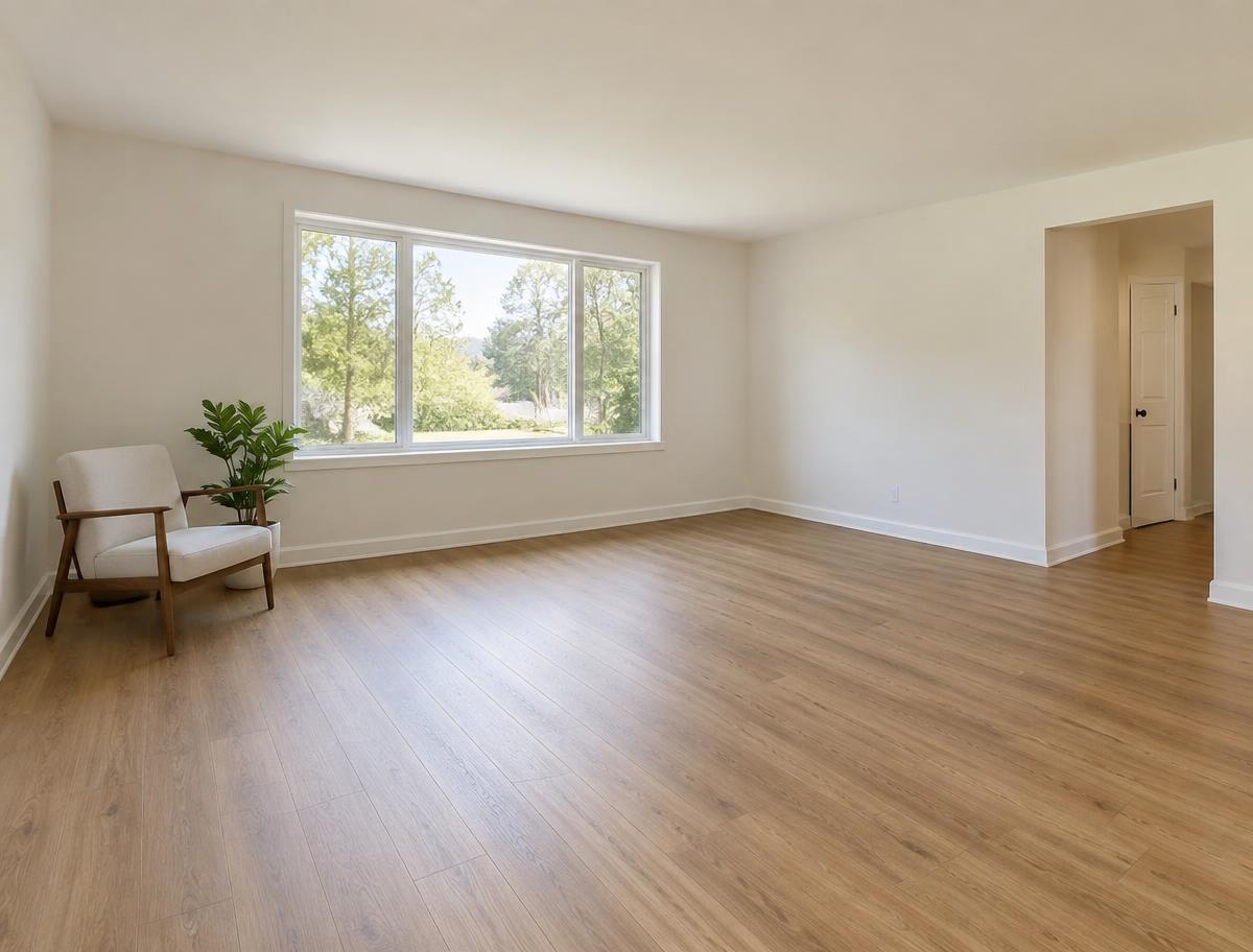 Empty living room with freshly painted walls and wood flooring