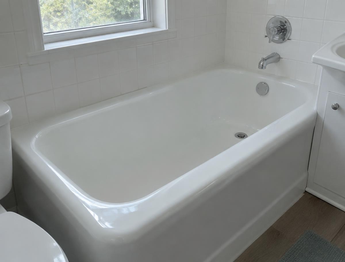 Glossy white bathtub in a bright rental bathroom