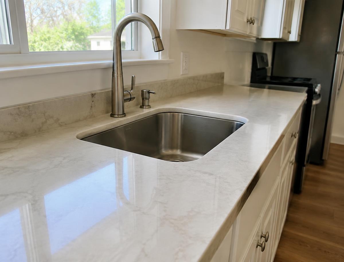 Smooth light stone-look kitchen countertop with undermount sink