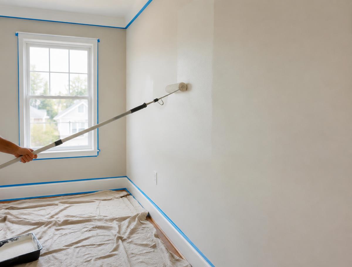 Paint roller applying warm white paint to an interior wall